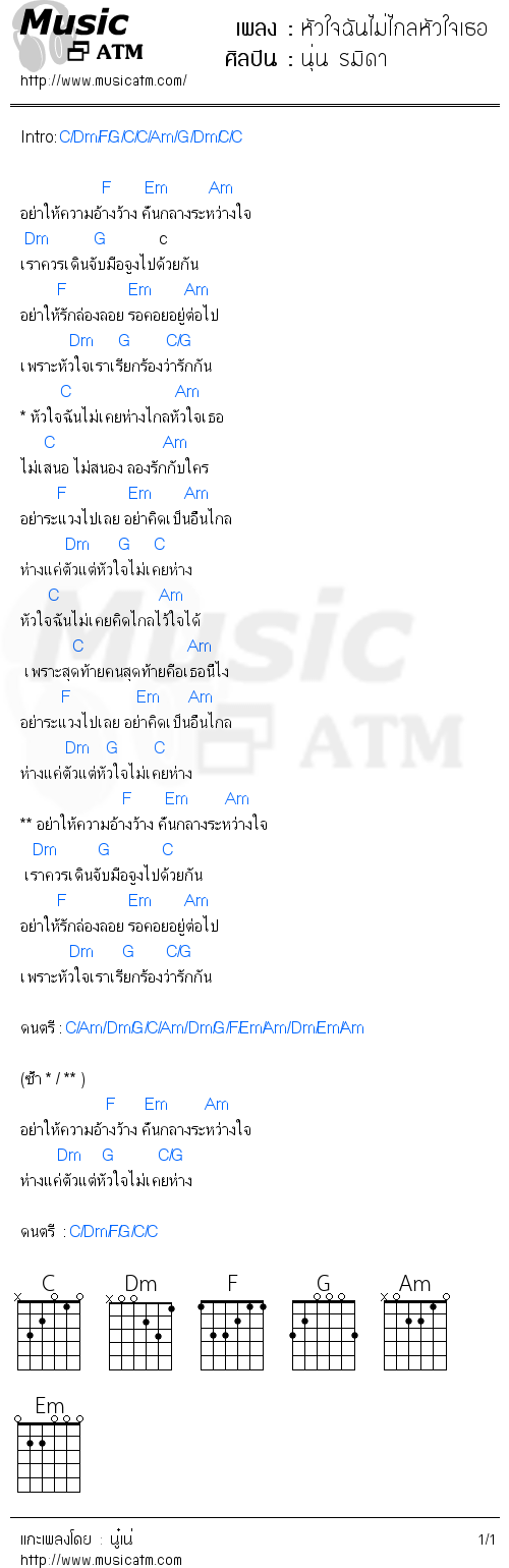 คอร์ดเพลง หัวใจฉันไม่ไกลหัวใจเธอ - นุ่น รมิดา | คอร์ดเพลงใหม่