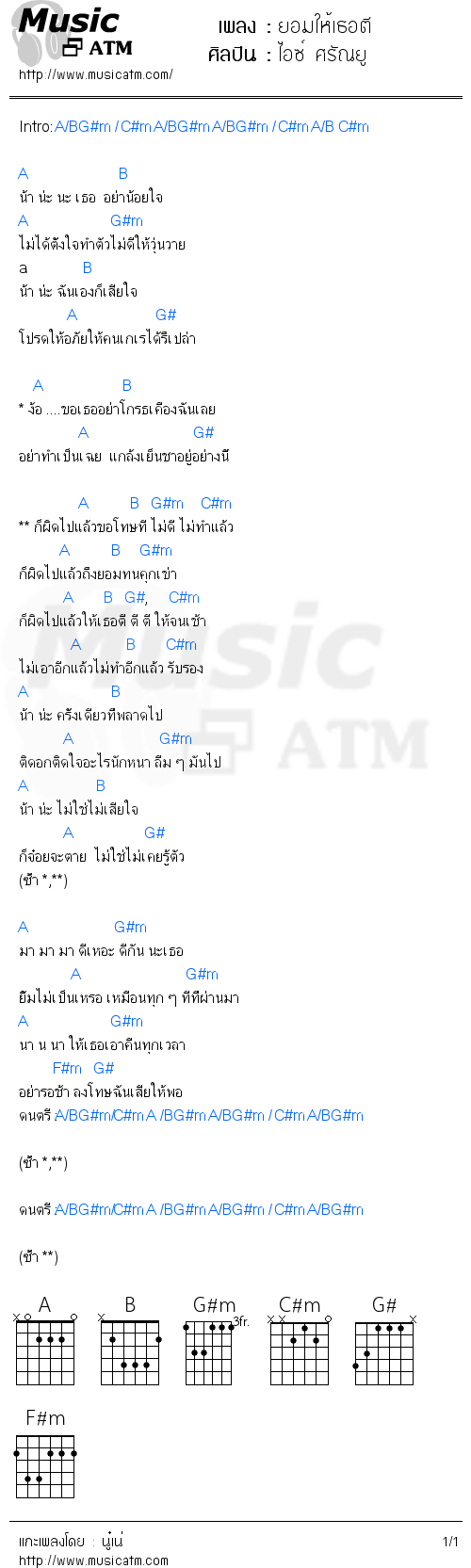 คอร์ดเพลง ยอมให้เธอตี