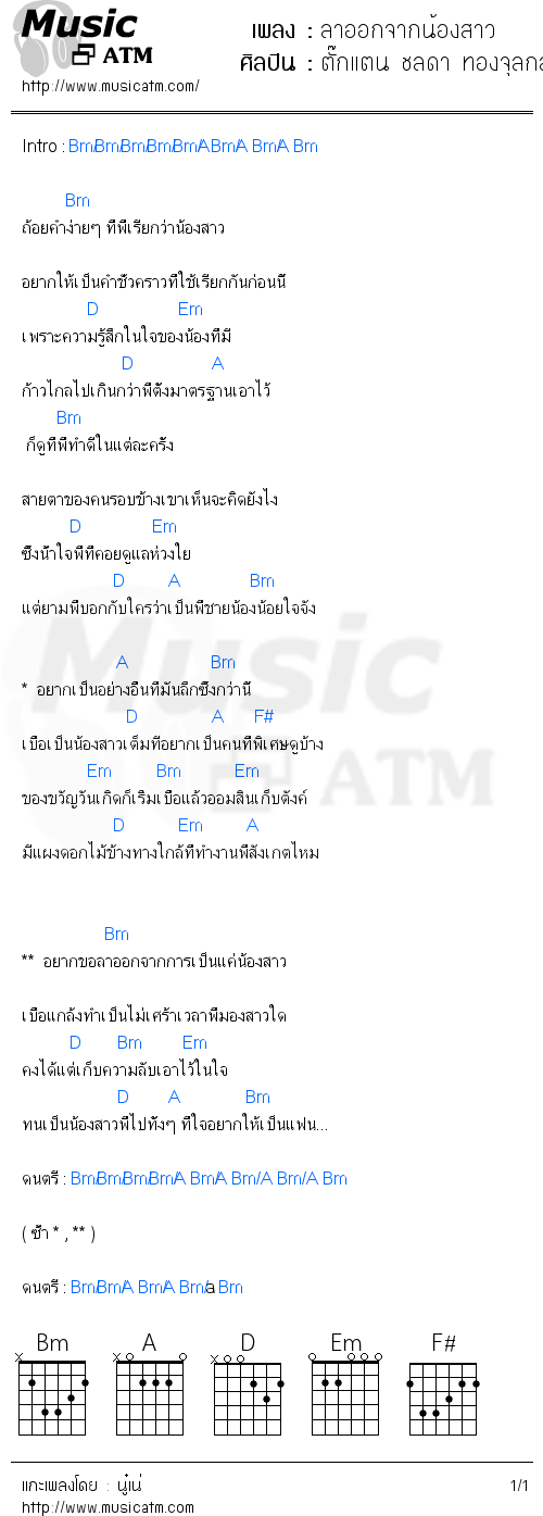 คอร์ดเพลง ลาออกจากน้องสาว - ตั๊กแตน ชลดา ทองจุลกลาง | คอร์ดเพลงใหม่