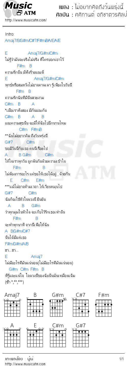 คอร์ดเพลง ไม่อยากคิดถึงว้นพรุ่งนี้