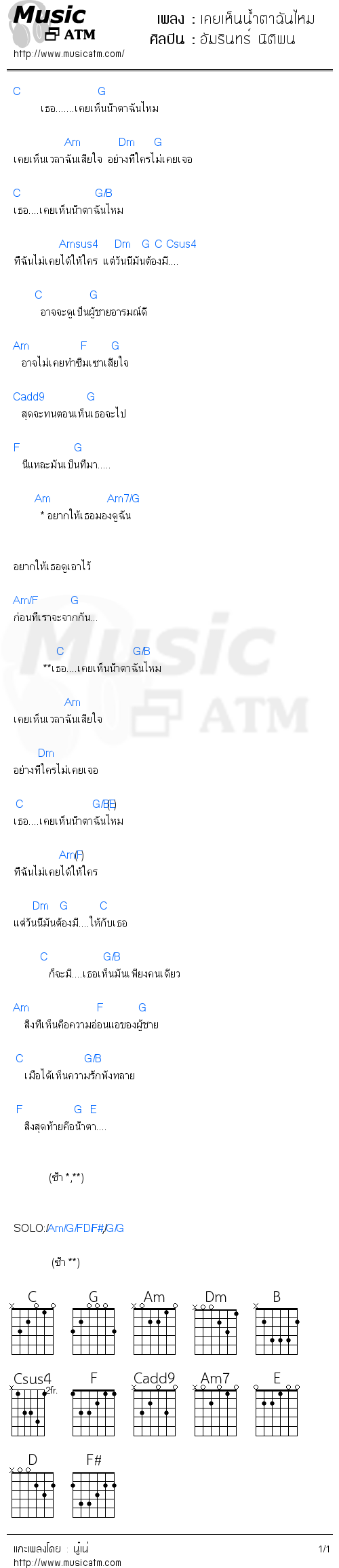 คอร์ดเพลง เคยเห็นน้ำตาฉันไหม