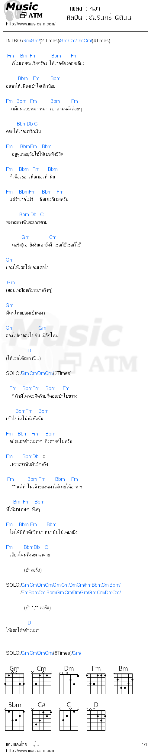 คอร์ดเพลง หมา  - อัมรินทร์ นิติพน | คอร์ดเพลงใหม่