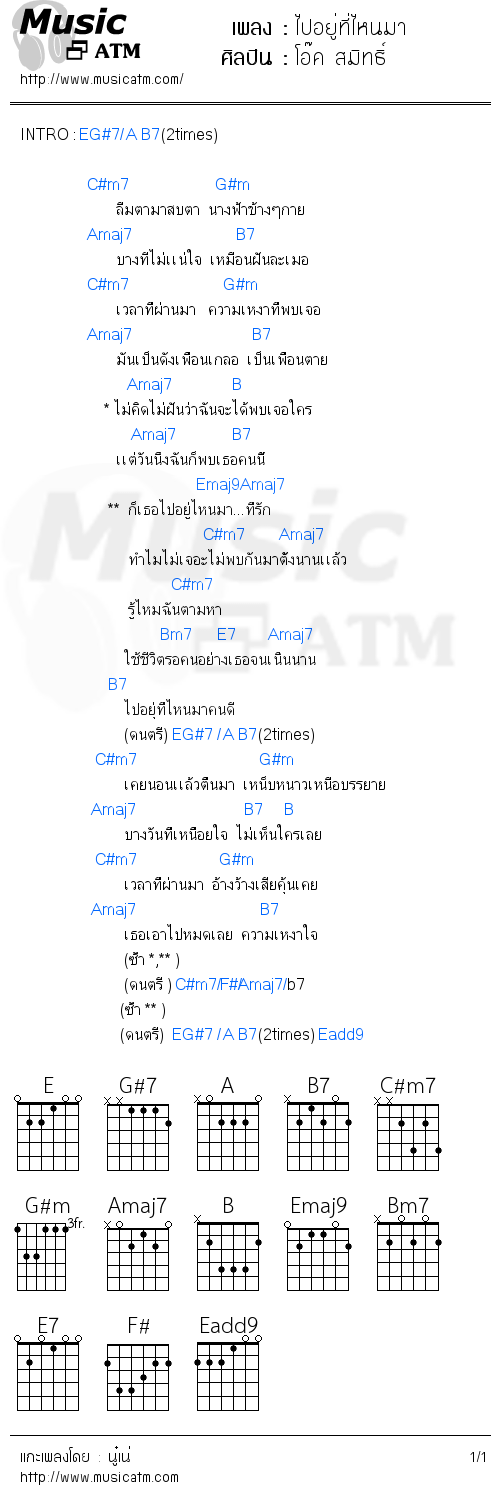 คอร์ดเพลง ไปอยู่ที่ไหนมา