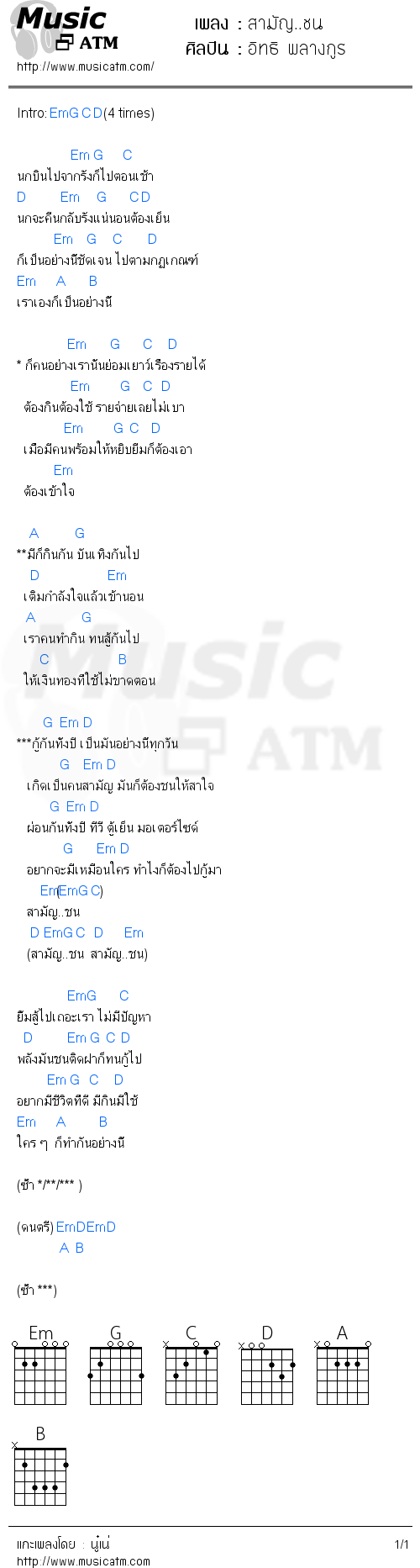 คอร์ดเพลง สามัญ..ชน - อิทธิ พลางกูร | คอร์ดเพลงใหม่