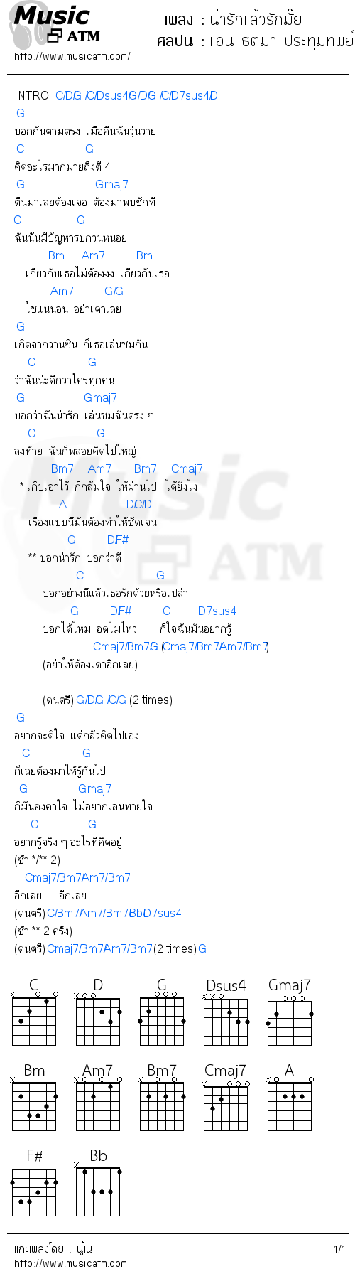 คอร์ดเพลง น่ารักแล้วรักมั๊ย - แอน ธิติมา ประทุมทิพย์ | คอร์ดเพลงใหม่