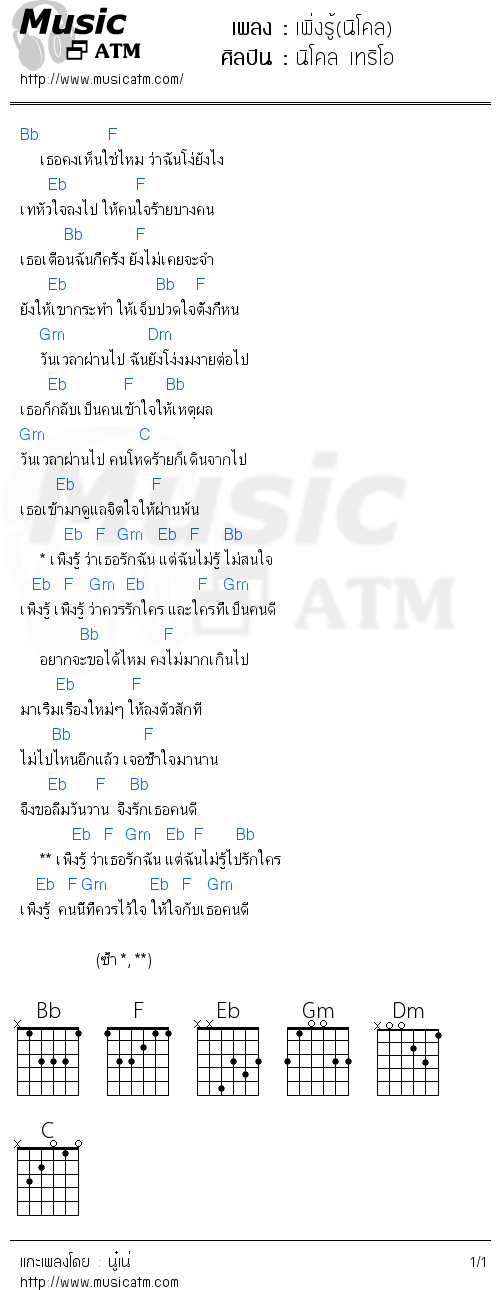 คอร์ดเพลง เพิ่งรู้(นิโคล)