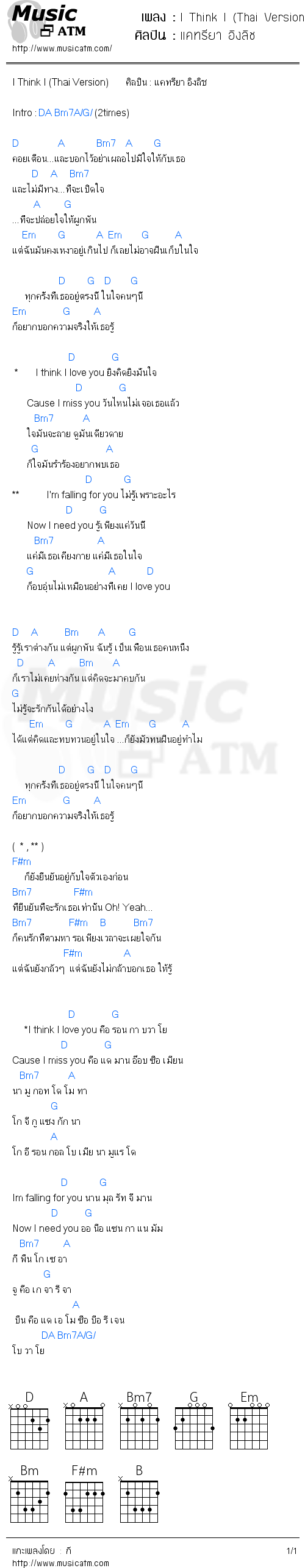 คอร์ดเพลง I Think I (Thai Version) - แคทรียา อิงลิช | คอร์ดเพลงใหม่
